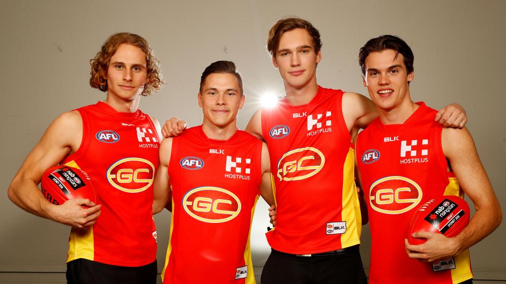 suns1OF251116AT 3924.jpg Will Brodie, Ben Ainsworth, Jack Scrimshaw and Jack Bowes after they were drafted by Gold Coast in the first round in 2016 - AFL,Gold Coast Suns,Game,Perspective,Tag-Analysis,Analysis,Long read